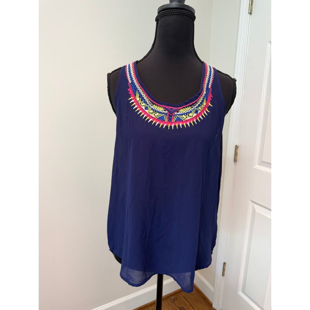 Ya Los Angeles Navy Sleeveless Tunic with Embroidered Neckline
